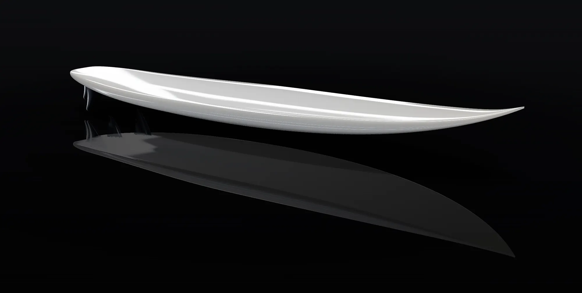 A 6'4 13/16" shortboard designed in ShaperLab Pro, rendered in glassed PU with its reflection